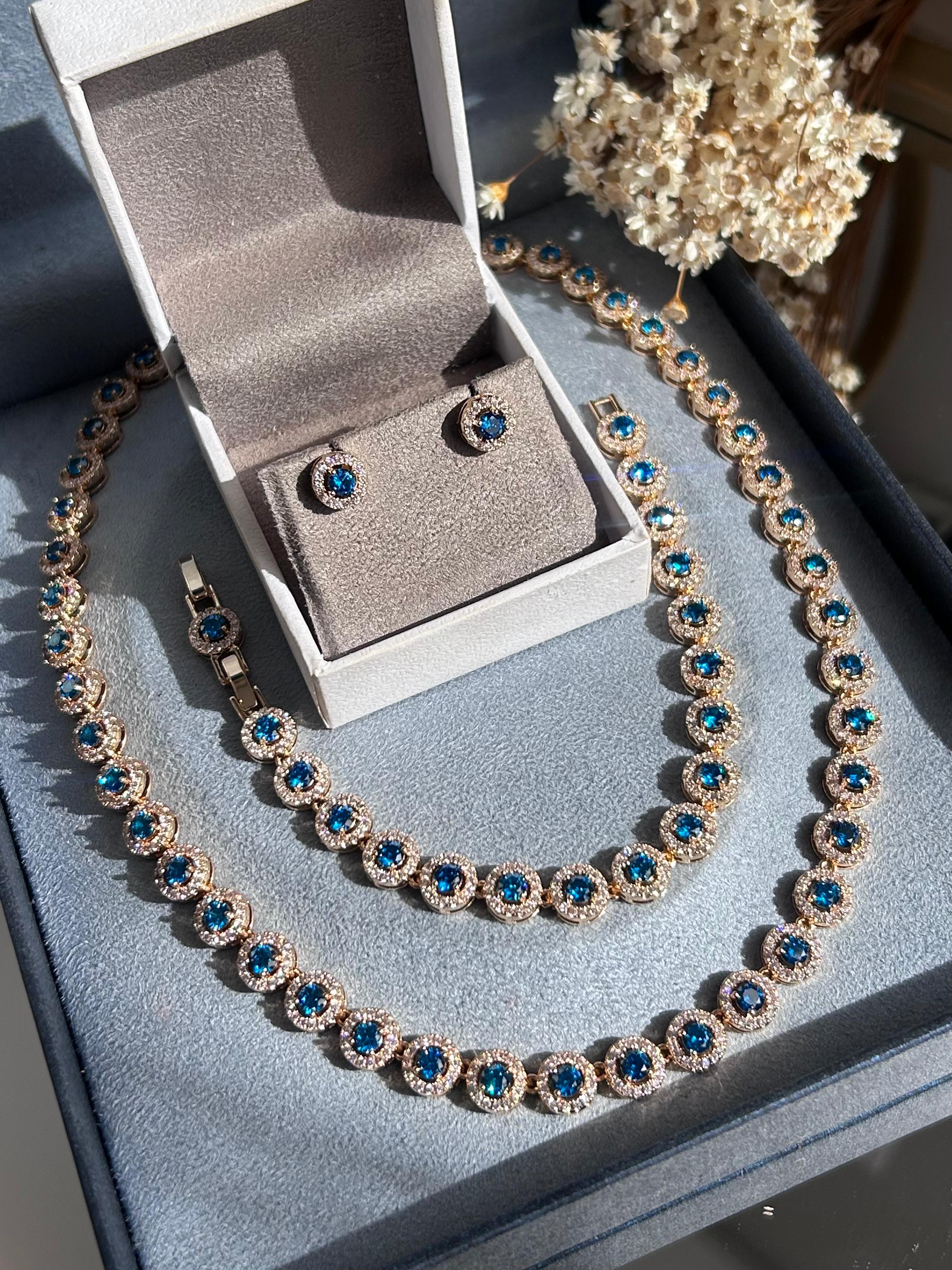 Conjunto Brinco, Colar e Pulseira Riviera Redonda Azul Água Marinha