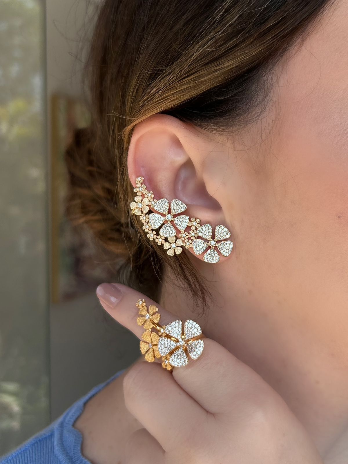 Conjunto Brinco EarCuff e Anel Flower
