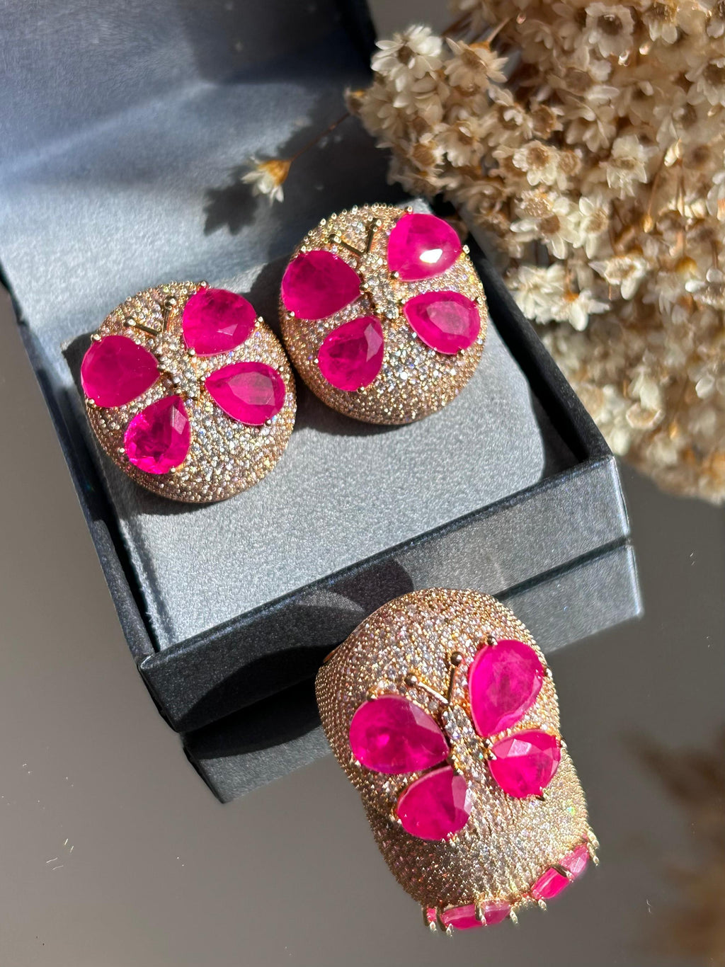 Conjunto Anel e Brinco Libélula Pink