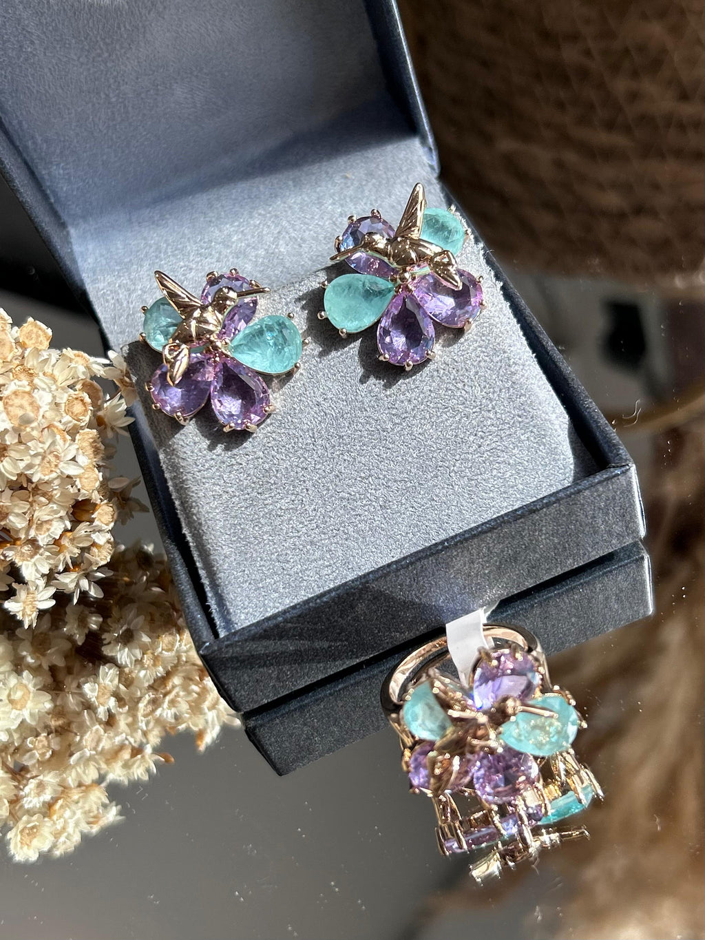 Conjunto Brinco e Anel Beija Flor Ametista e Turmalina