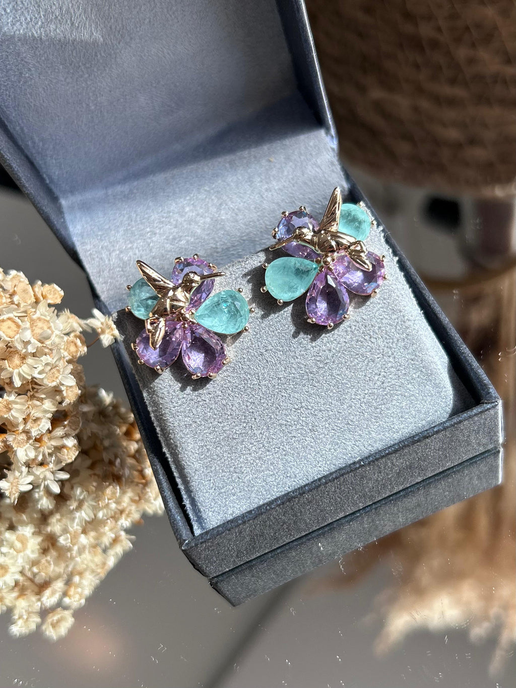 Conjunto Brinco e Anel Beija Flor Ametista e Turmalina