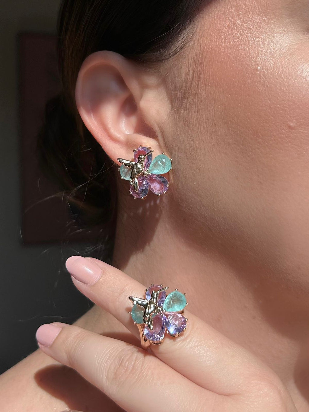 Conjunto Brinco e Anel Beija Flor Ametista e Turmalina