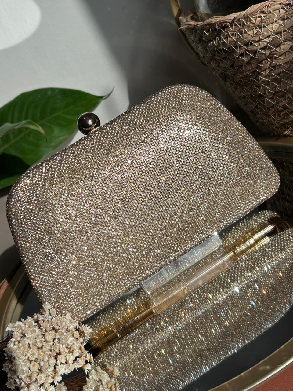 Bolsa Clutch Retangular Cristais Dourada