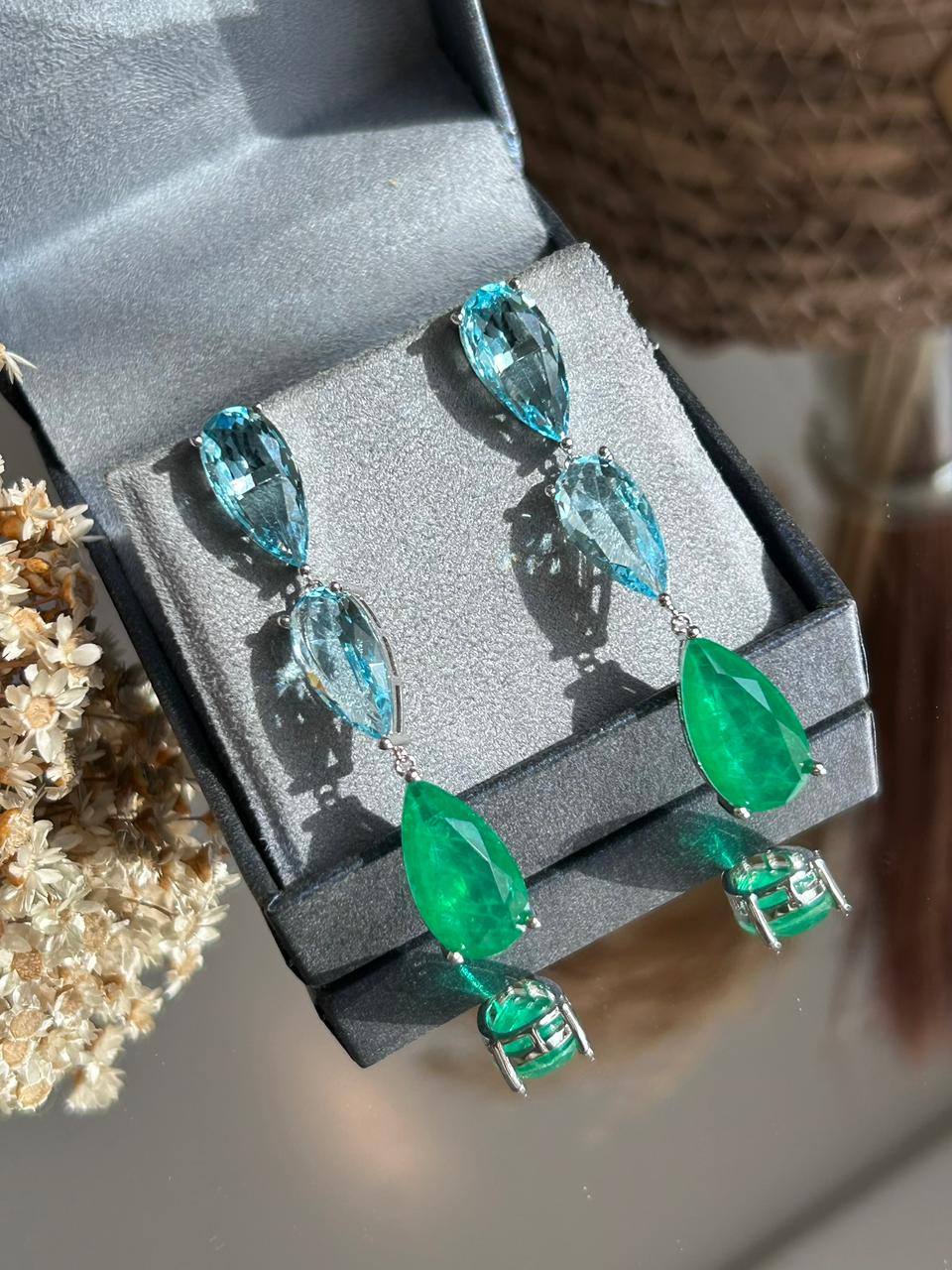 Brinco Gotas Água Marinha e Verde Esmeralda