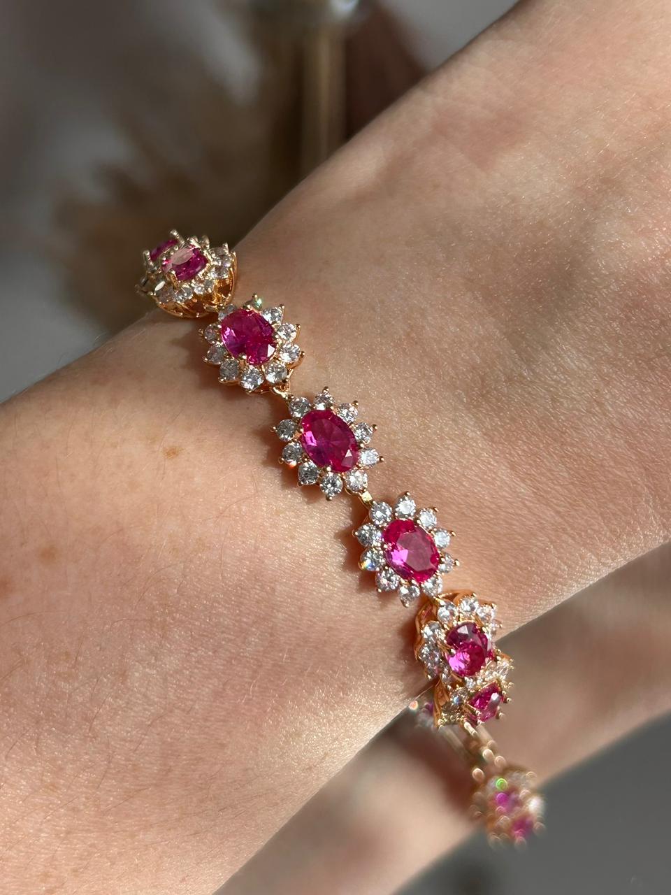 Pulseira Riviera Oval Cravação Princesa Safira Rosa/Pink Dourado