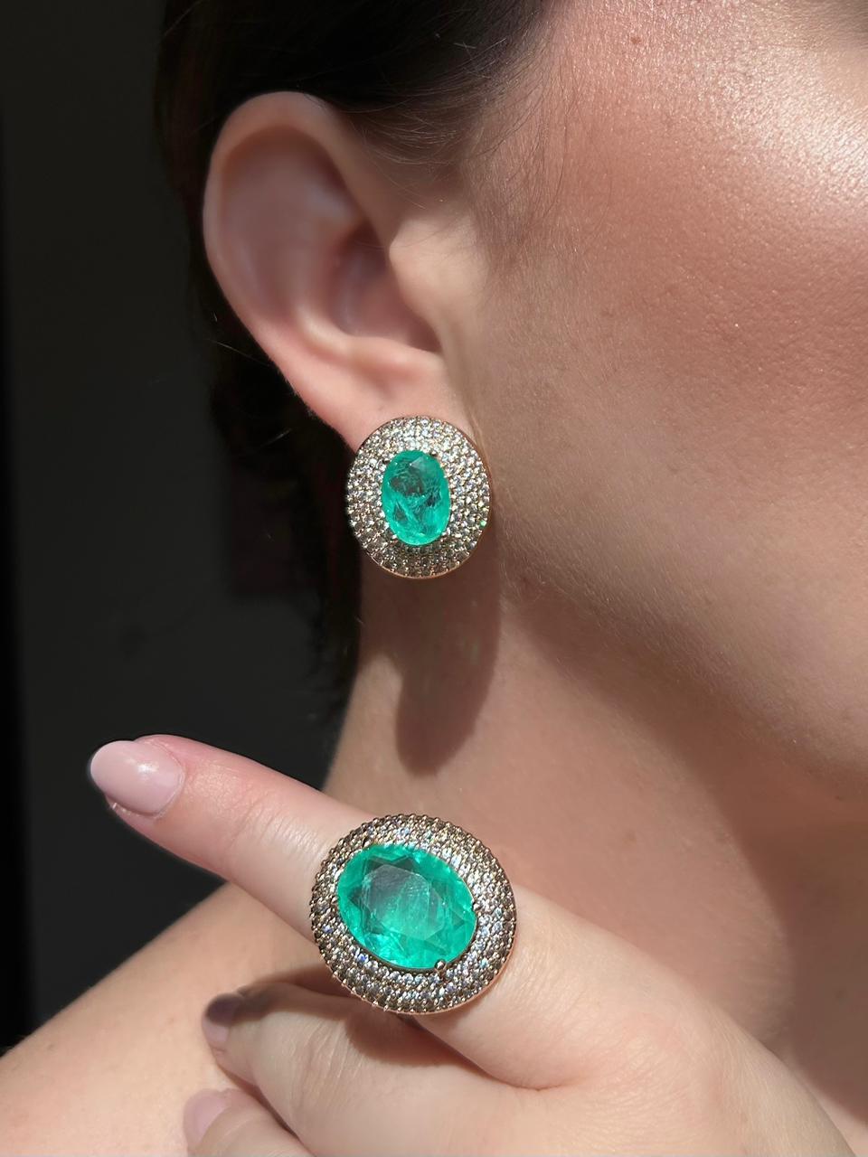 Conjunto Brinco e Anel Oval Turmalina
