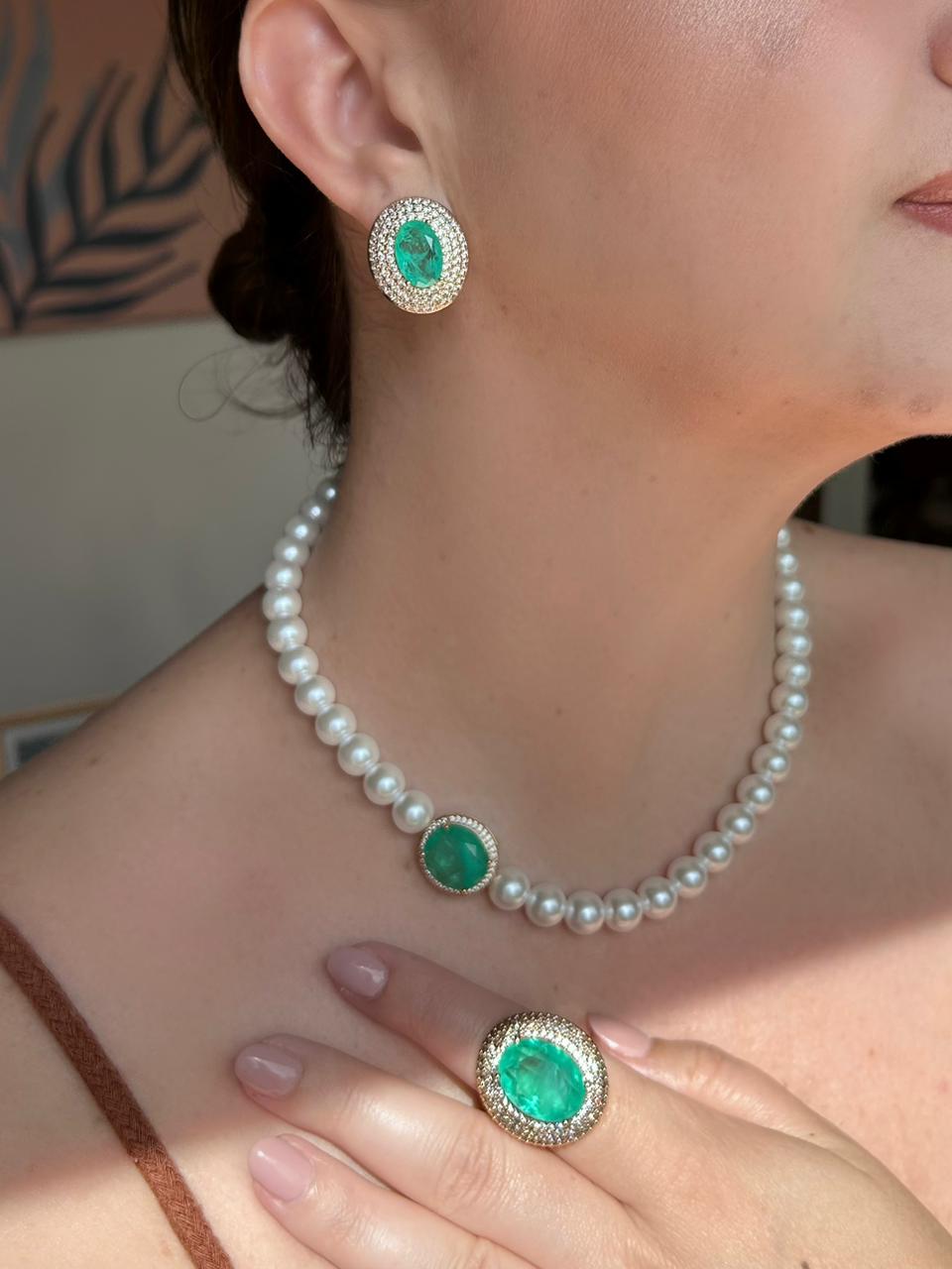 Conjunto Brinco e Anel Oval Turmalina
