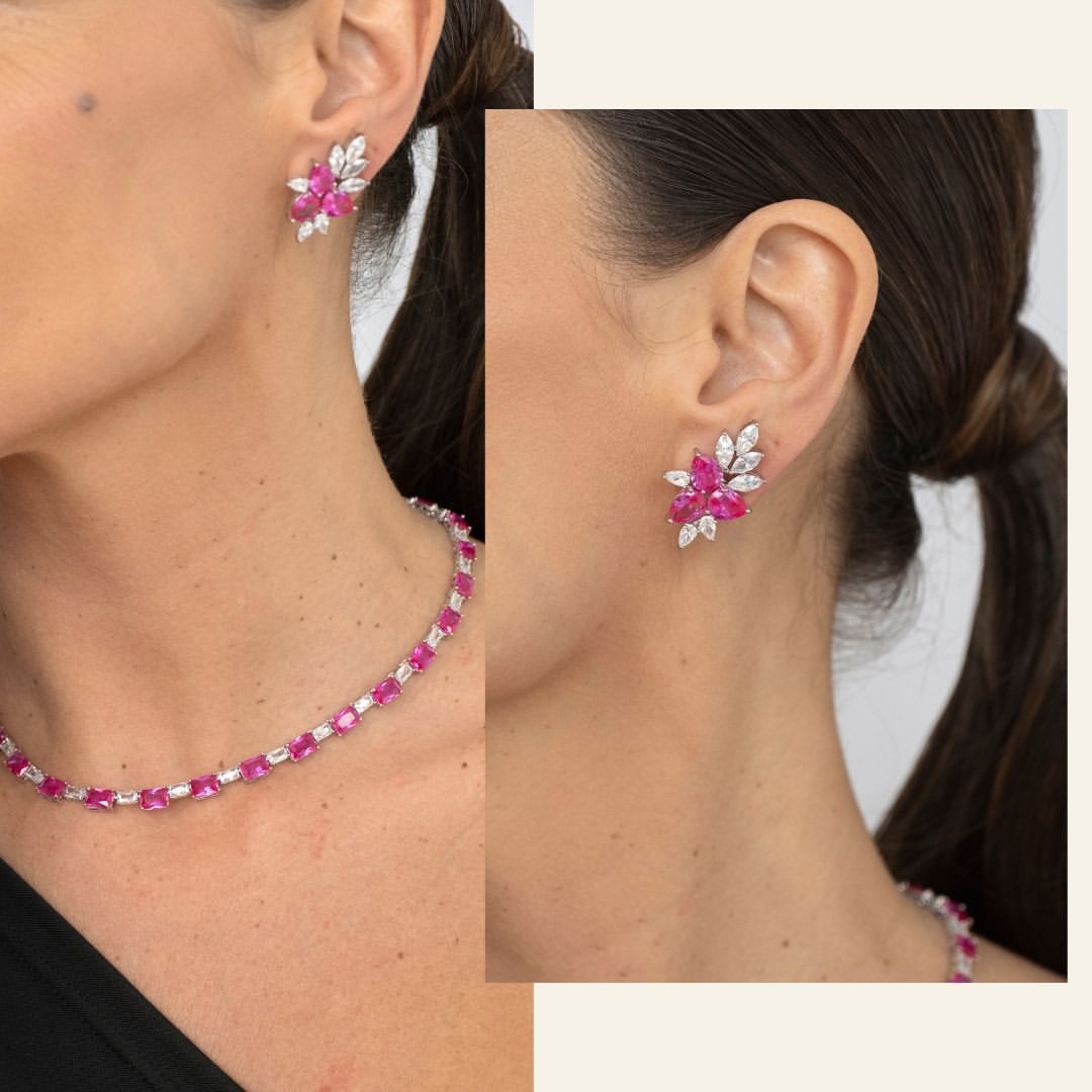 Colar Riviera Pedras Retangular Safira Rosa/Pink