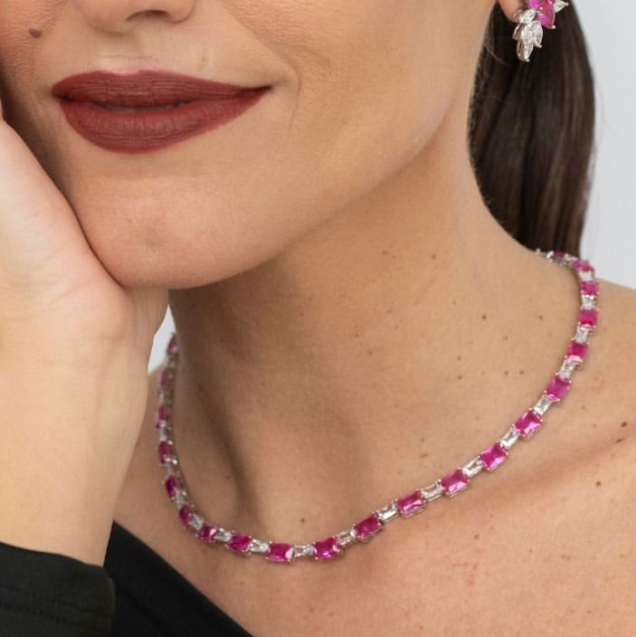 Colar Riviera Pedras Retangular Safira Rosa/Pink