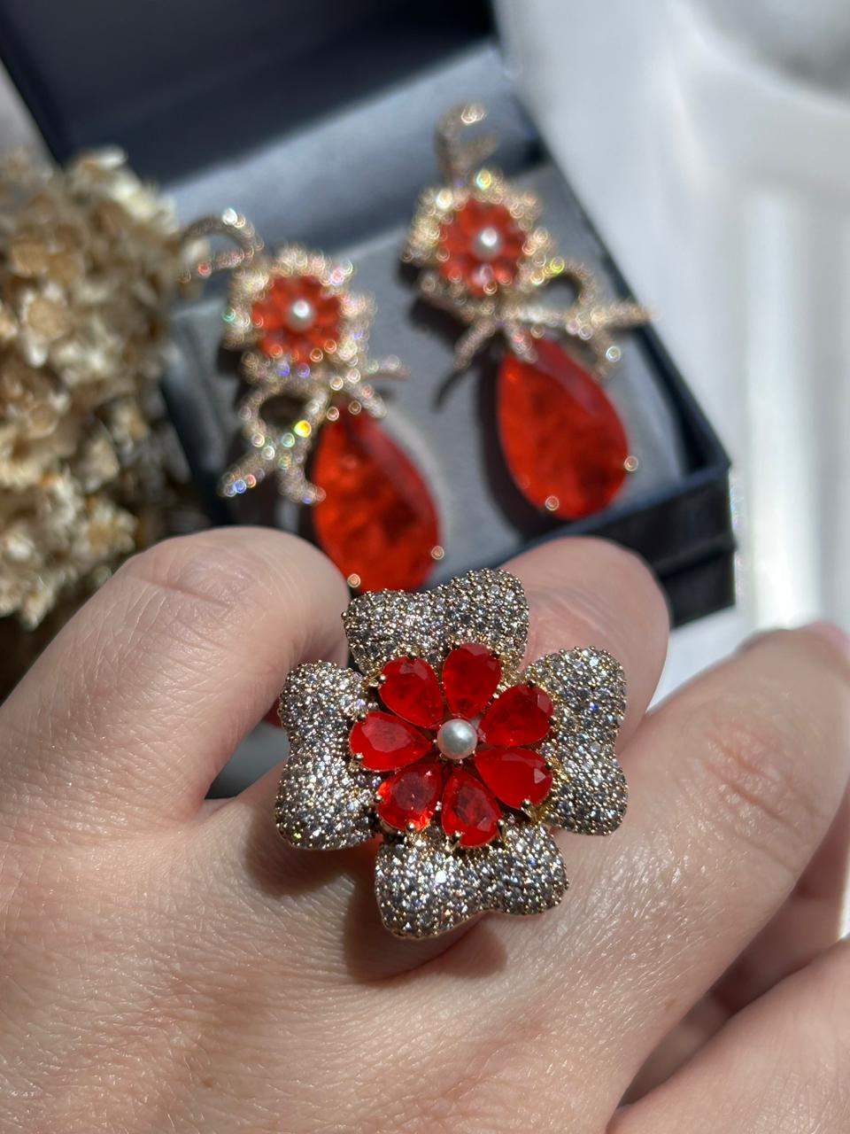 Conjunto Brinco e Anel Flor Tangerina