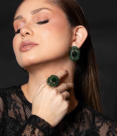 Conjunto Brinco e Anel Oval Maxi Verde Esmeralda
