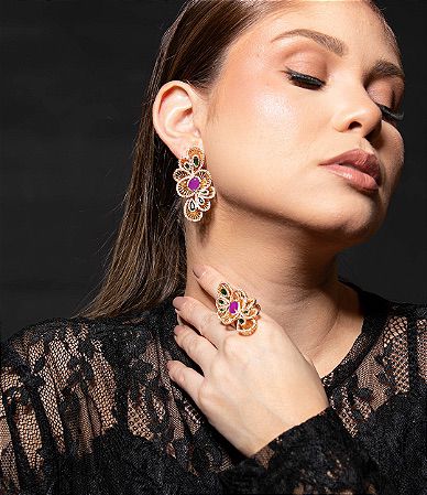 Conjunto Brinco e Anel Camadas Fucsia com Verde Emeralda