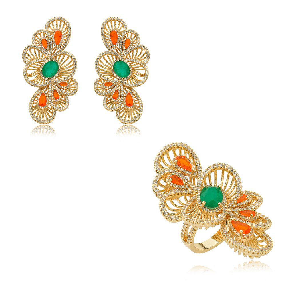 Conjunto Brinco e Anel Camadas Verde Esmeralda com Tangerina