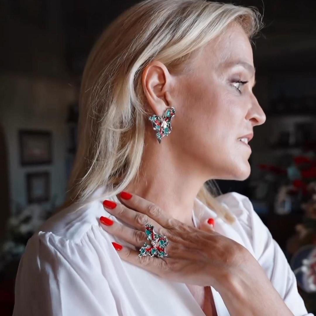 Conjunto Brinco e Anel Borboleta Verde Esmeralda