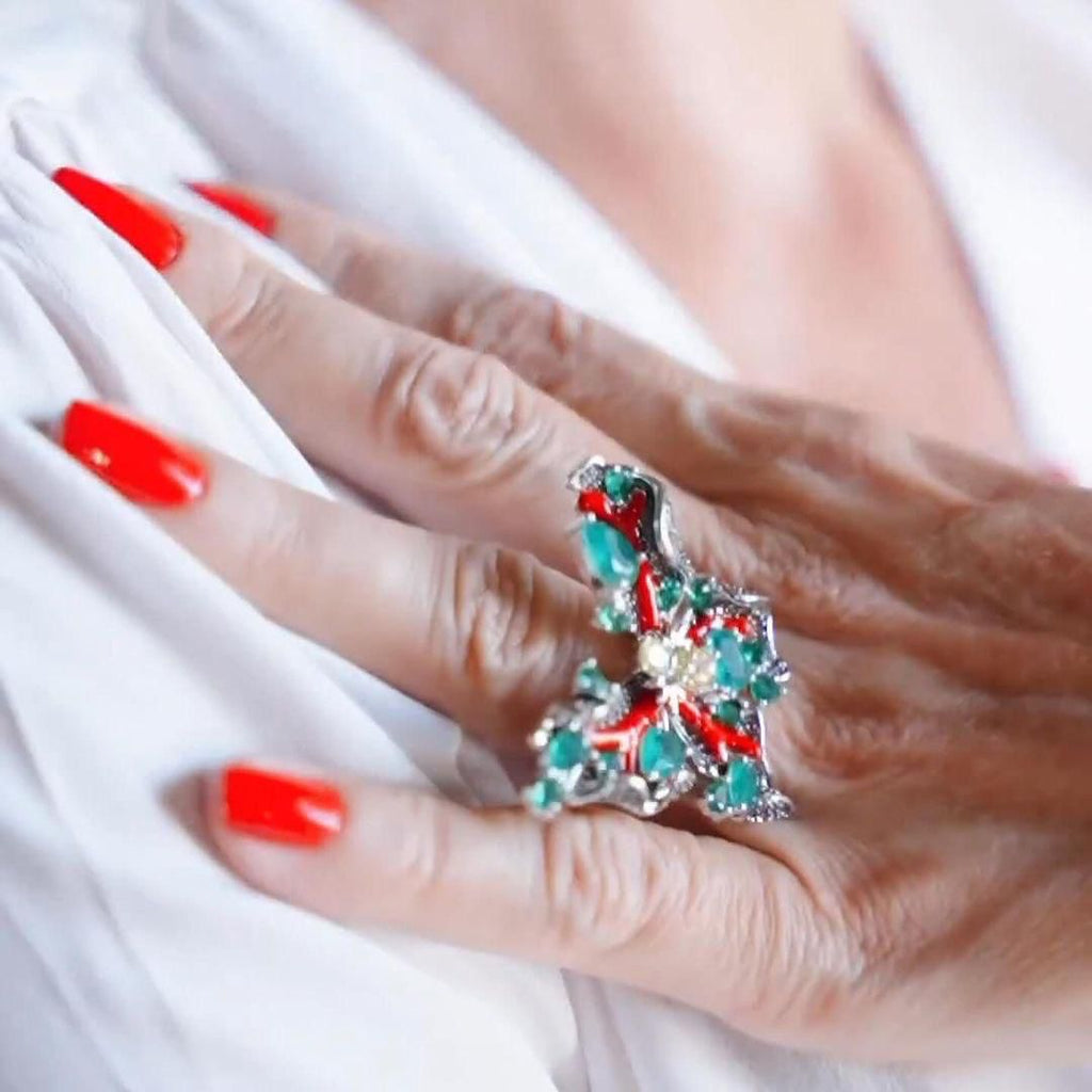 Conjunto Brinco e Anel Borboleta Verde Esmeralda