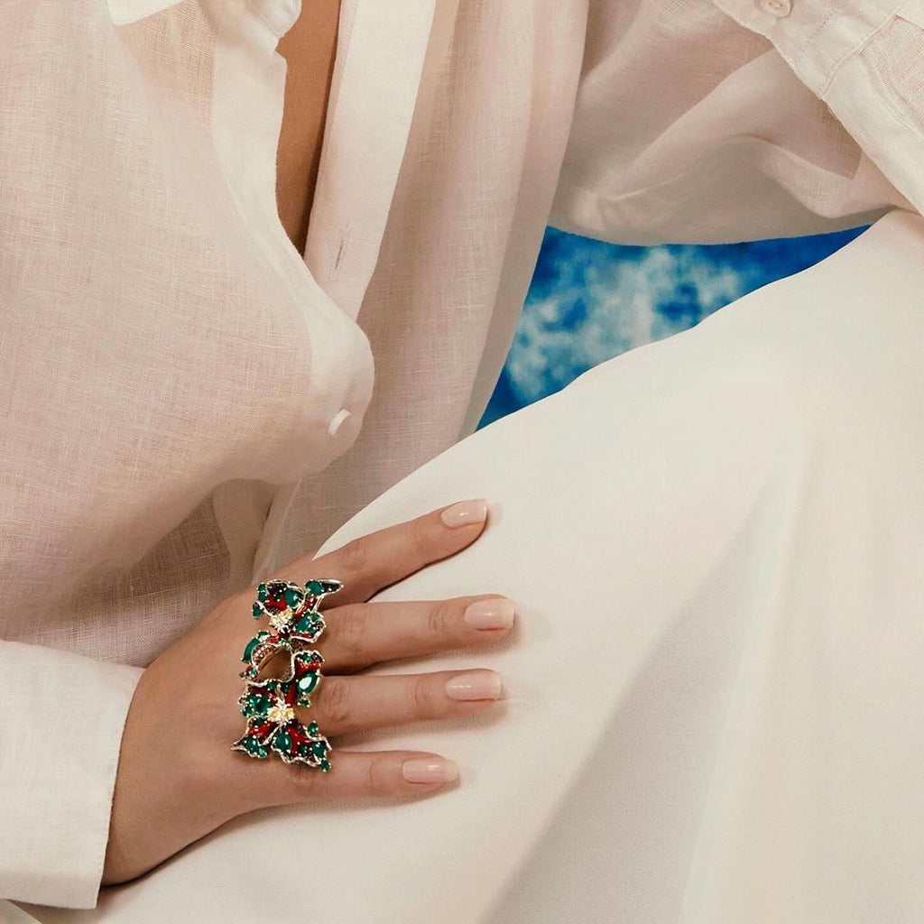 Conjunto Brinco e Anel Borboleta Verde Esmeralda