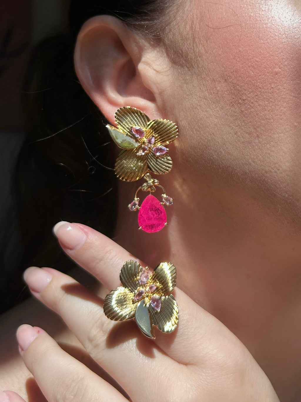 Conjunto Brinco e Anel Flower Pink