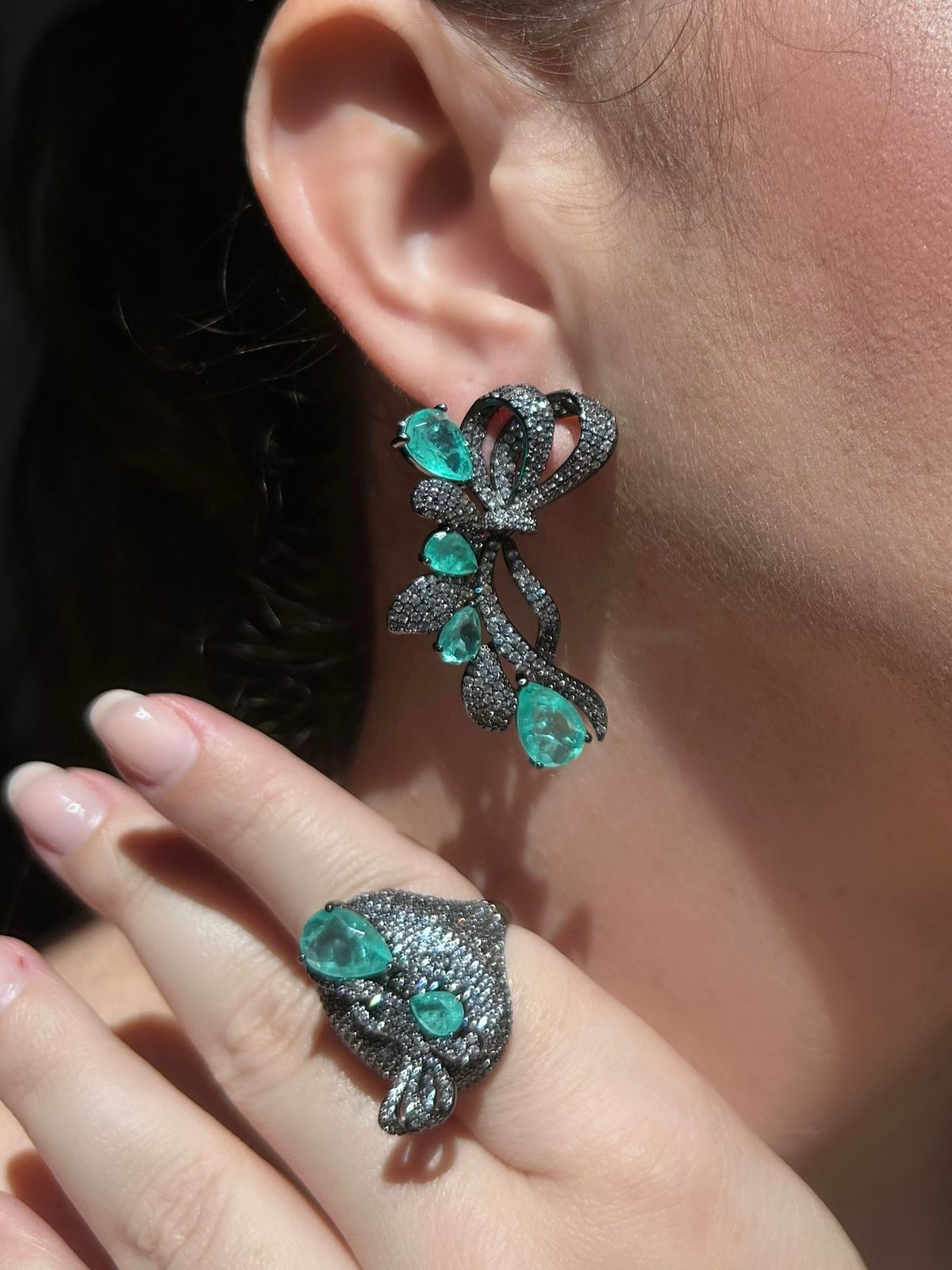 Conjunto Brinco e Anel Laço Turmalina