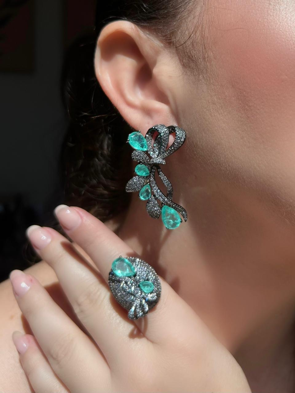 Conjunto Brinco e Anel Laço Turmalina