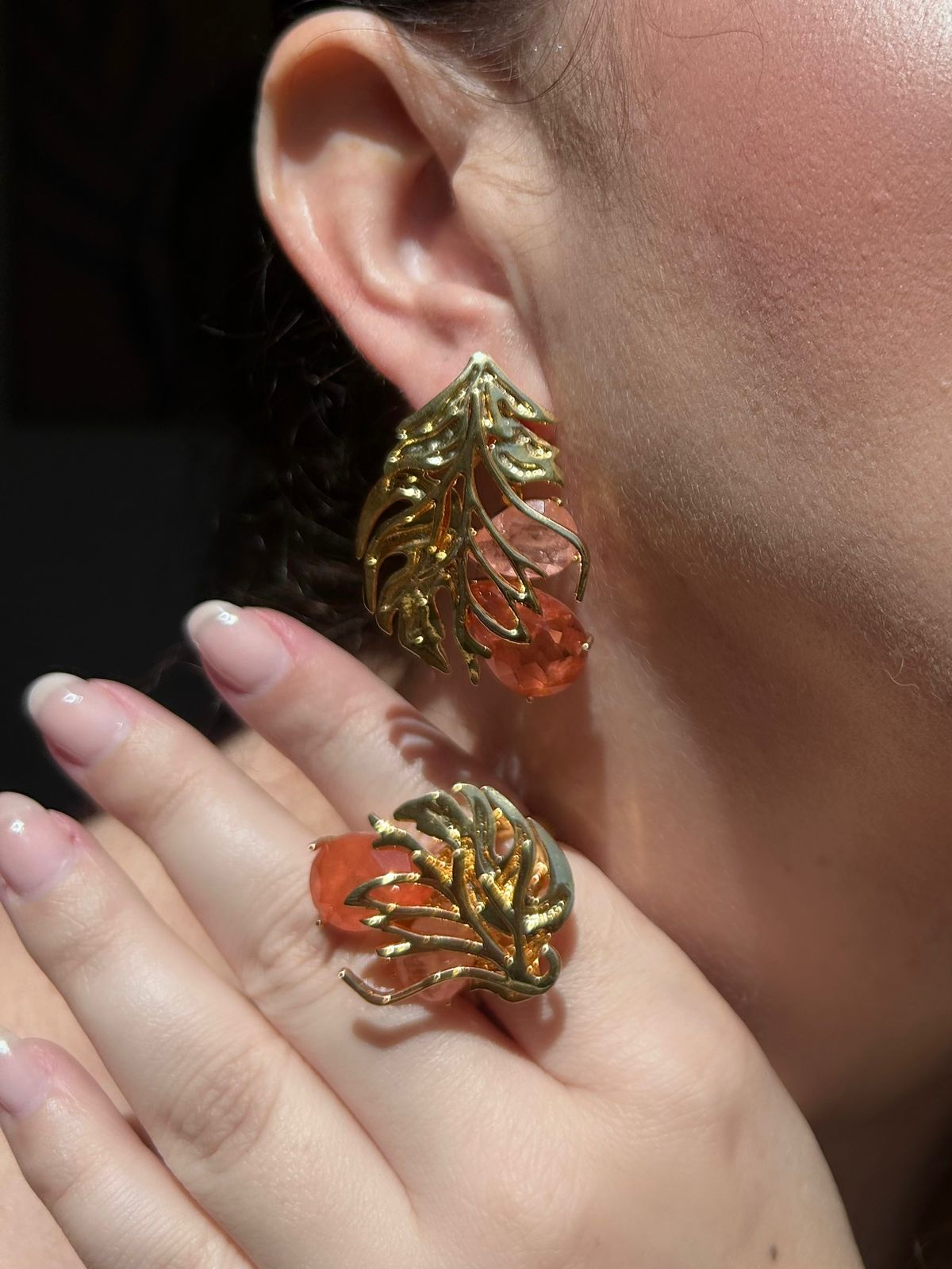 Conjunto Brinco e Anel Folhagens Tangerina
