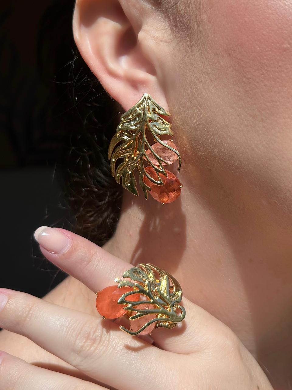 Conjunto Brinco e Anel Folhagens Tangerina