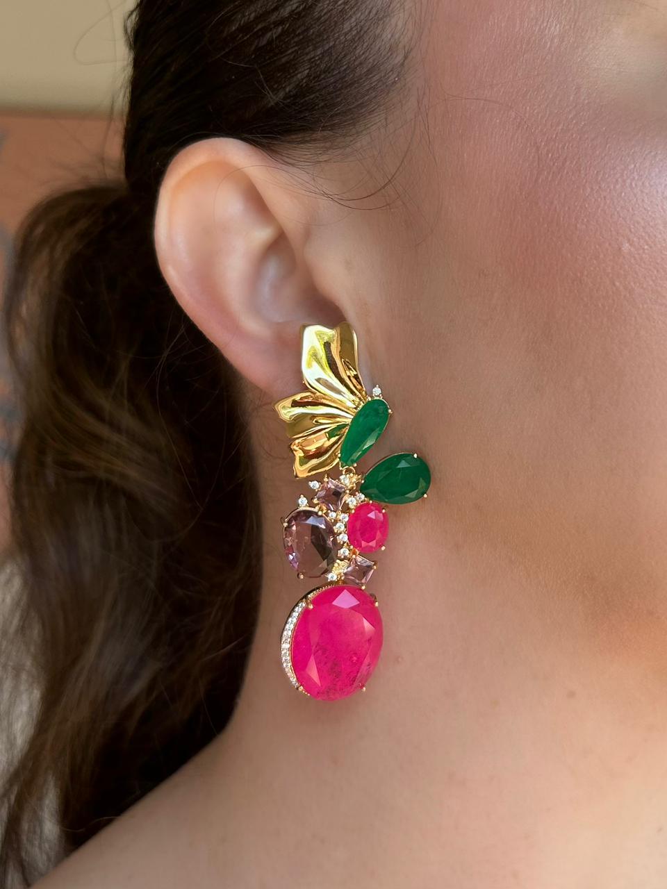 Conjunto Brinco Daiana Pink e Verde Esmeralda