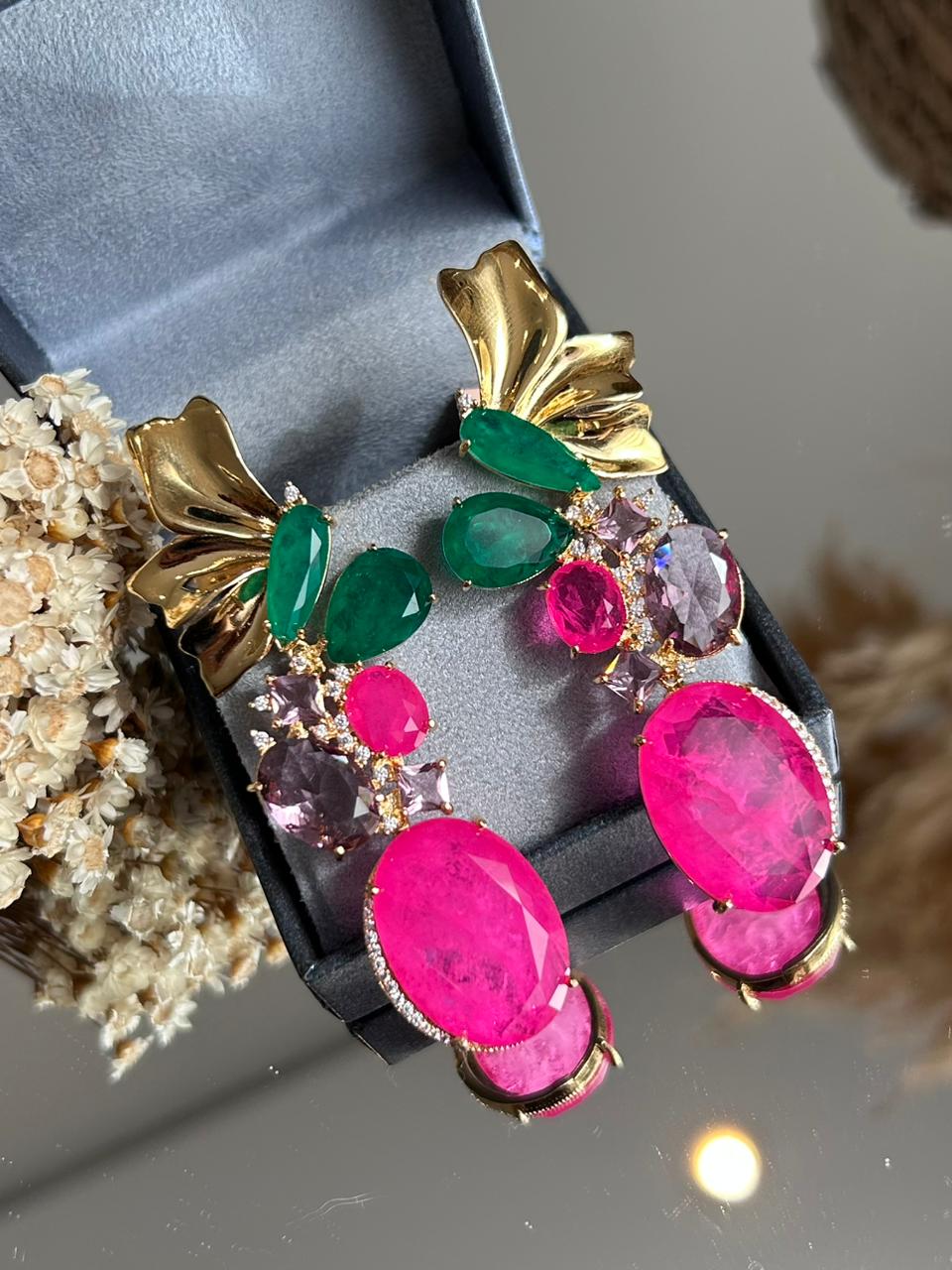 Conjunto Brinco Daiana Pink e Verde Esmeralda