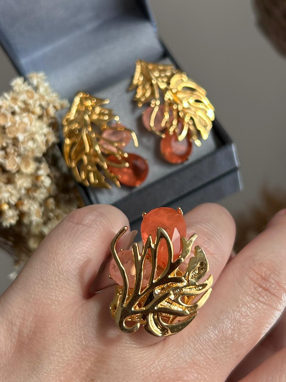 Conjunto Brinco e Anel Folhagens Tangerina