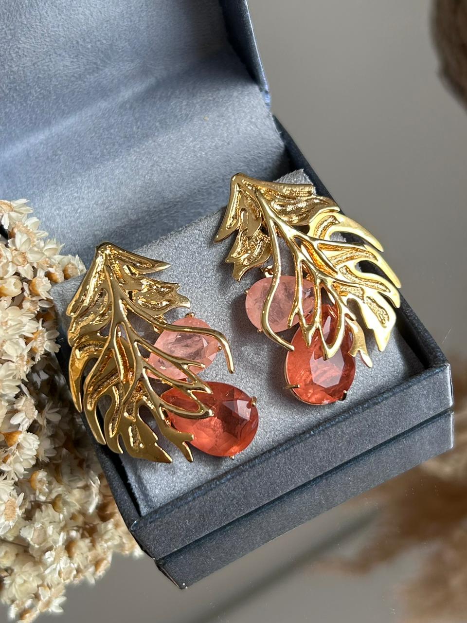 Conjunto Brinco e Anel Folhagens Tangerina