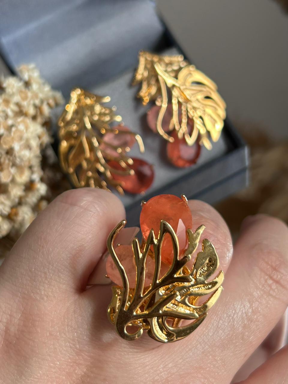 Conjunto Brinco e Anel Folhagens Tangerina