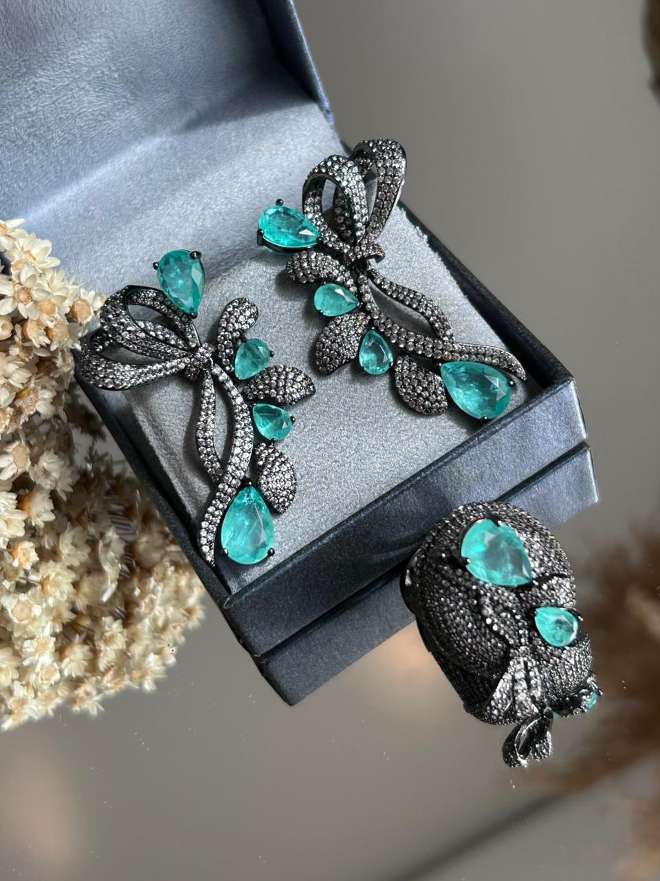 Conjunto Brinco e Anel Laço Turmalina