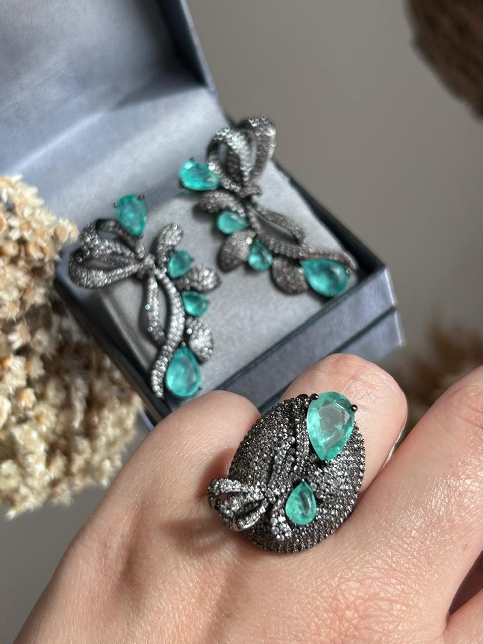 Conjunto Brinco e Anel Laço Turmalina