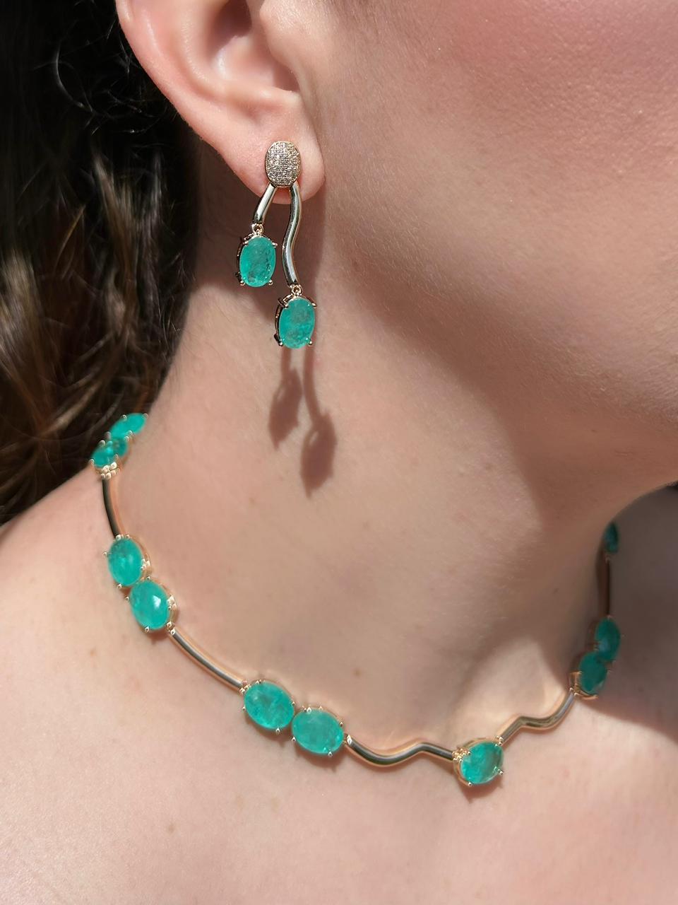 Conjunto Brinco e Colar Pedras Ovais Turmalina