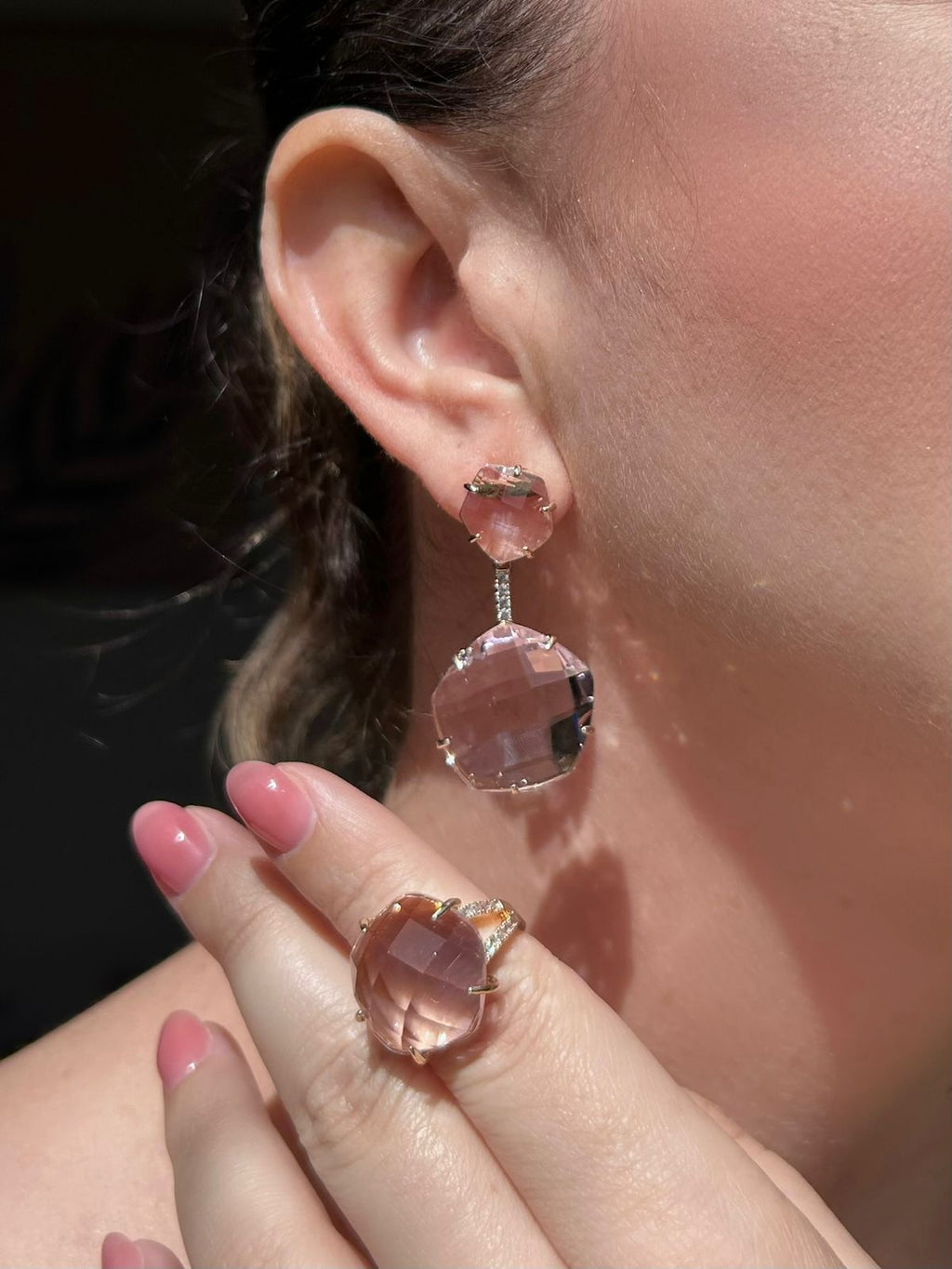 Conjunto Brinco e Anel Rosa Claro