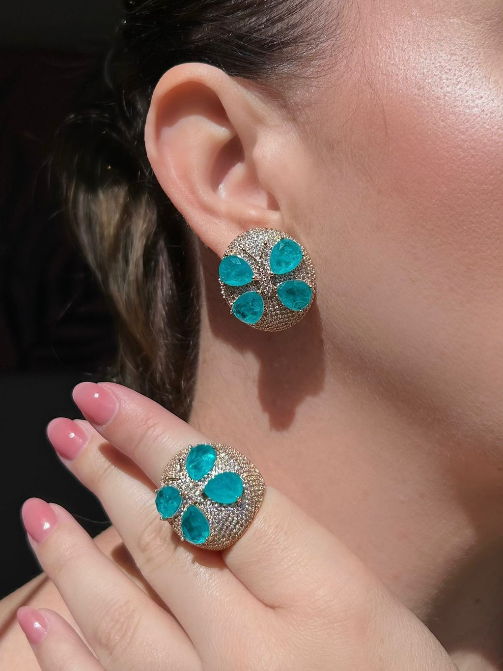 Conjunto Anel e Brinco Libélula Turmalina Azul