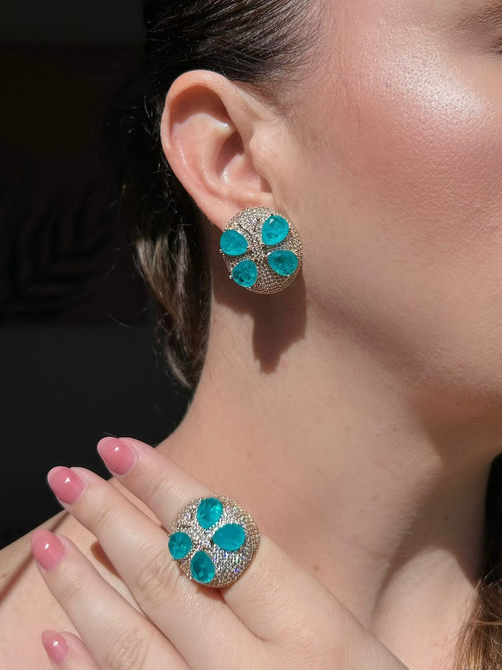 Conjunto Anel e Brinco Libélula Turmalina Azul