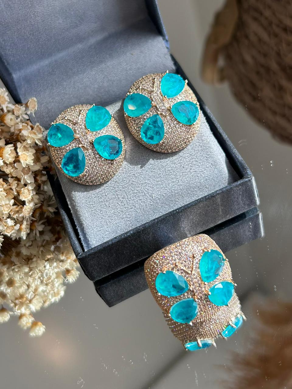 Conjunto Anel e Brinco Libélula Turmalina Azul