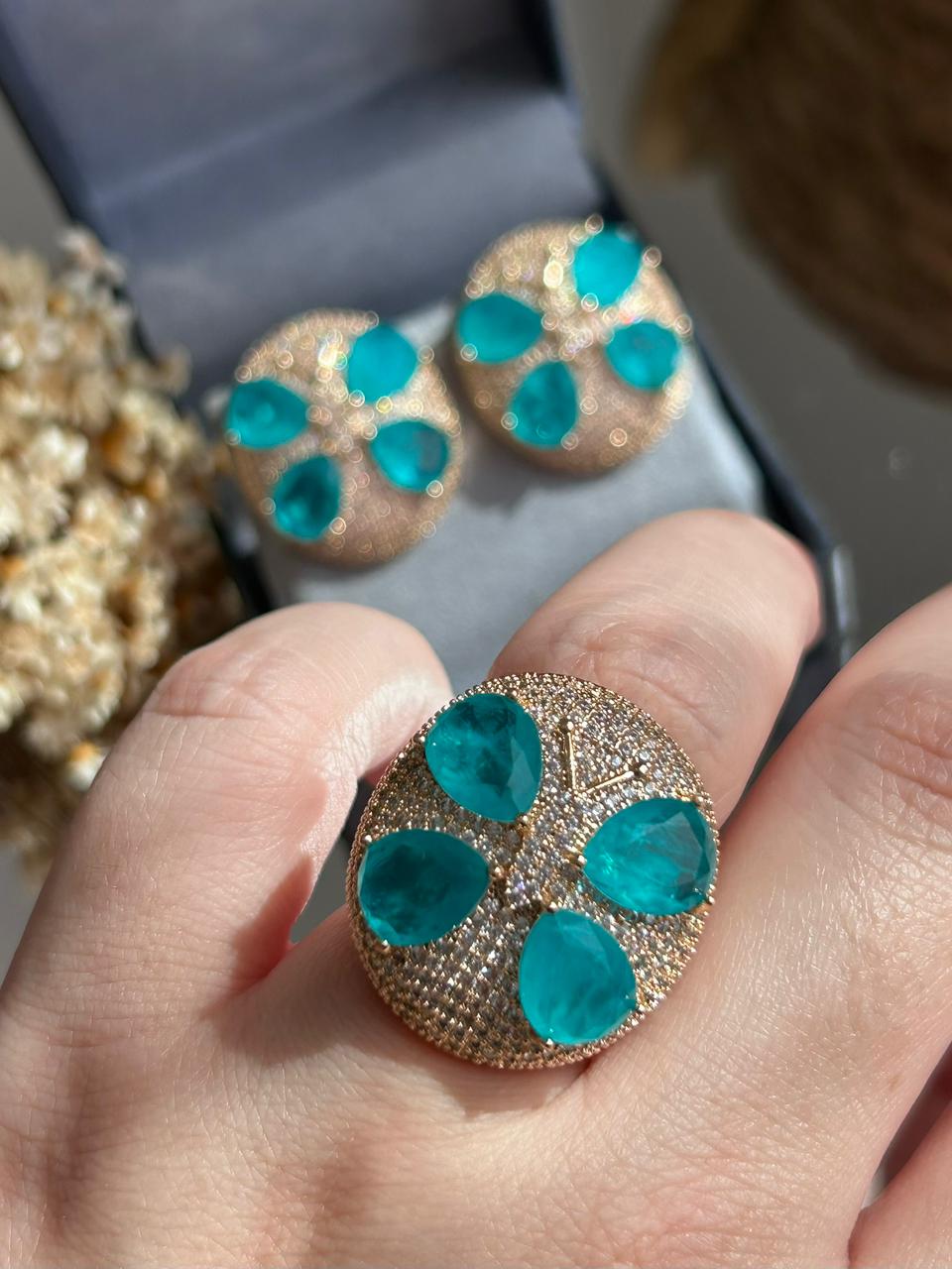 Conjunto Anel e Brinco Libélula Turmalina Azul