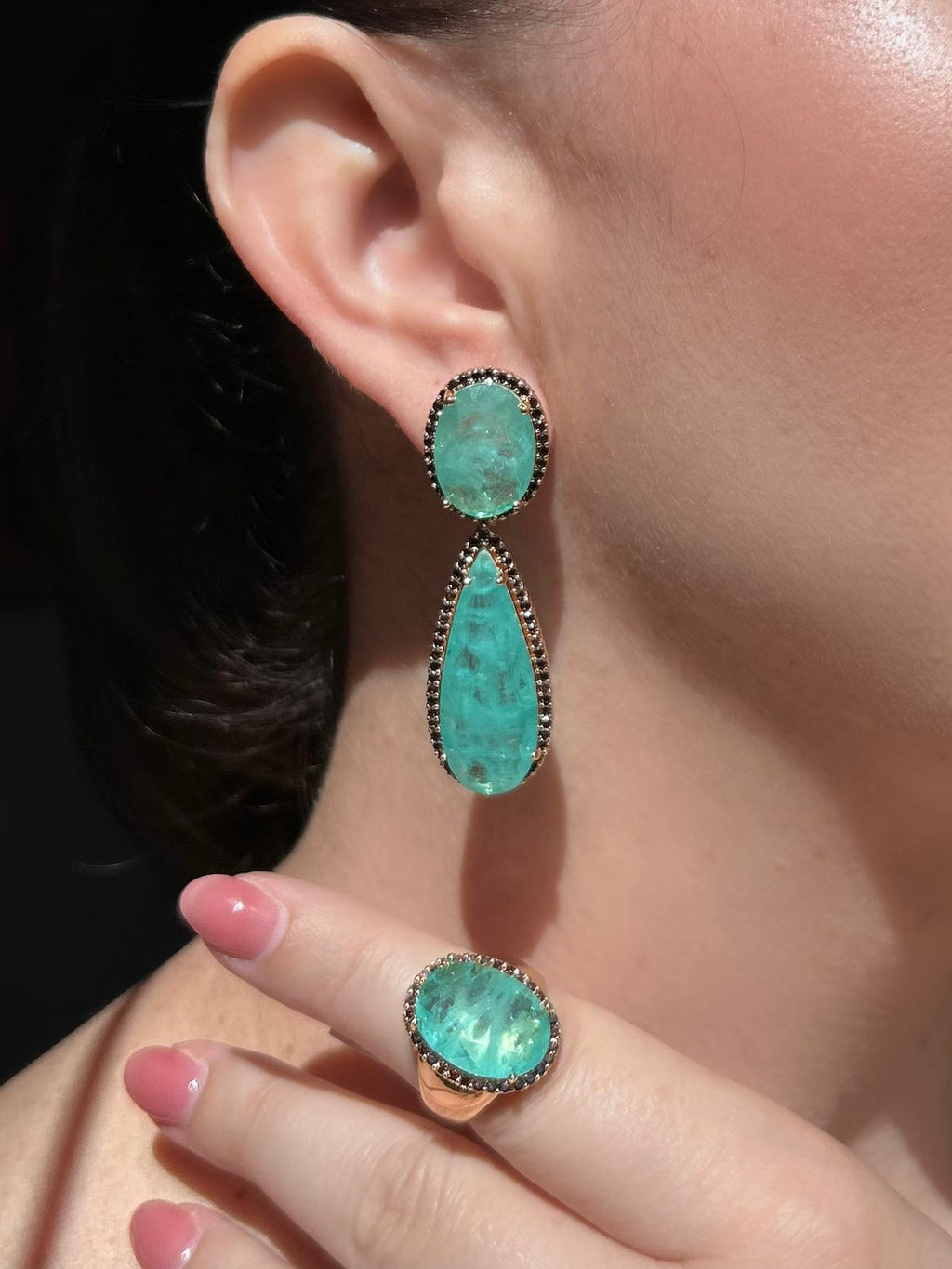 Conjunto Brinco e Anel Turmalina e Marrom