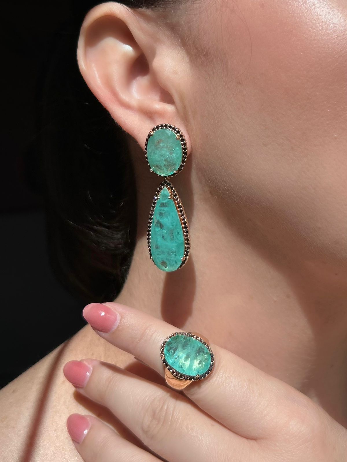 Conjunto Brinco e Anel Turmalina e Marrom