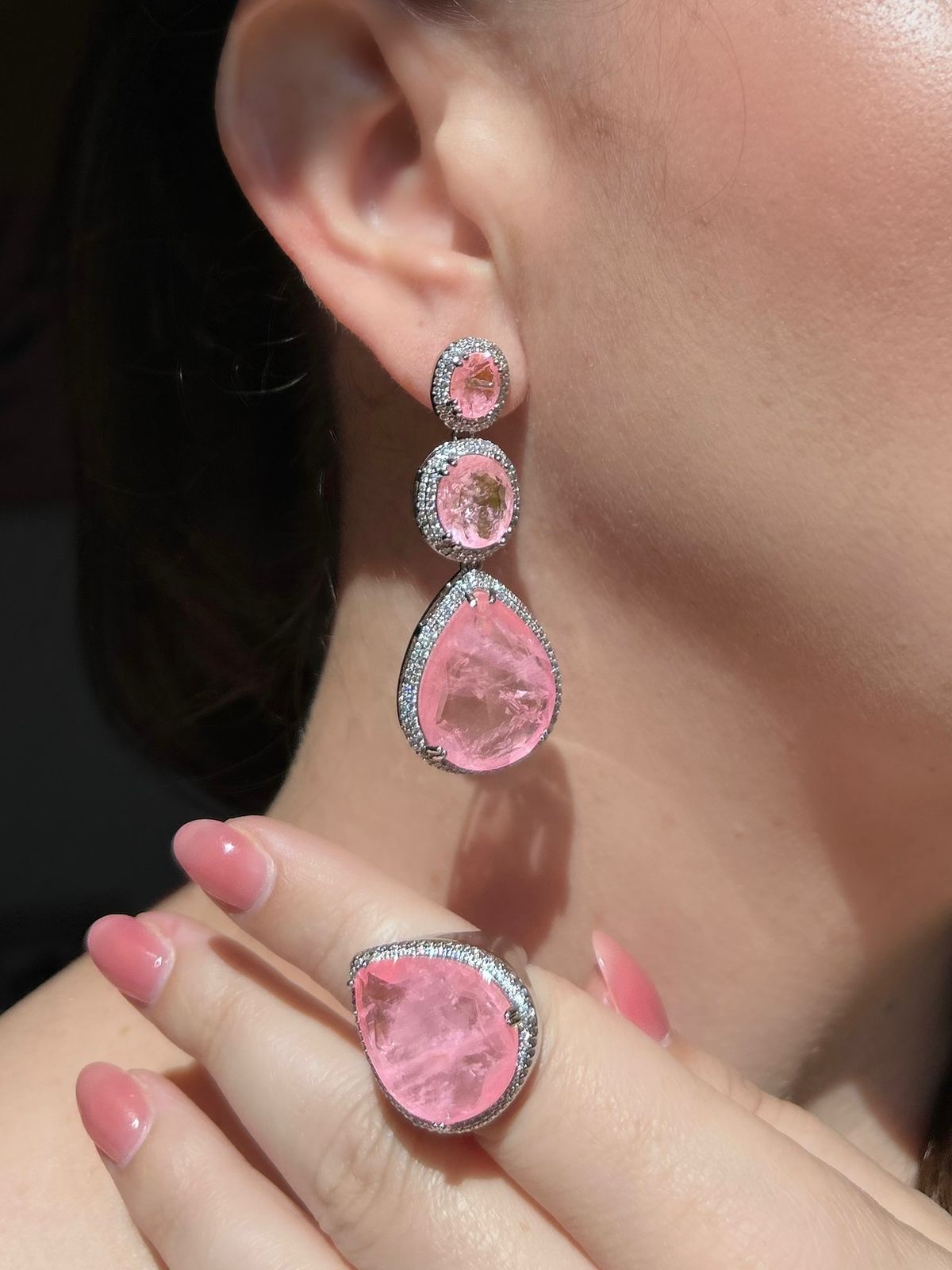 Conjunto Brinco e Anel Gotas Rosa Claro