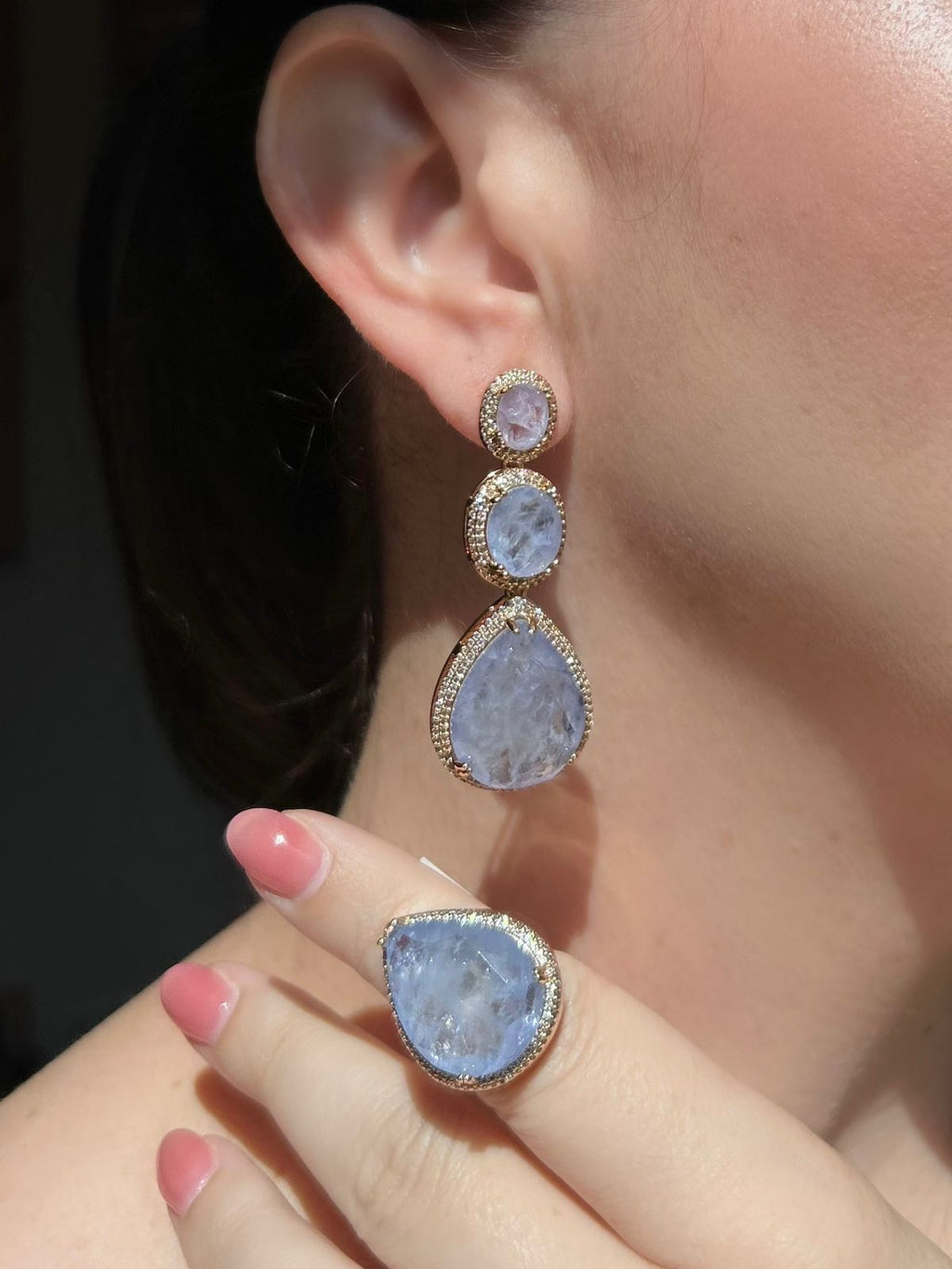 Conjunto Brinco e Anel Gotas Tanzanita