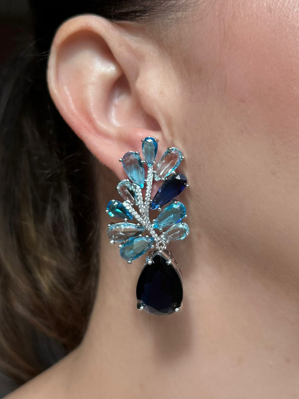 Brinco Folhas Azul Safira e Água Marinha