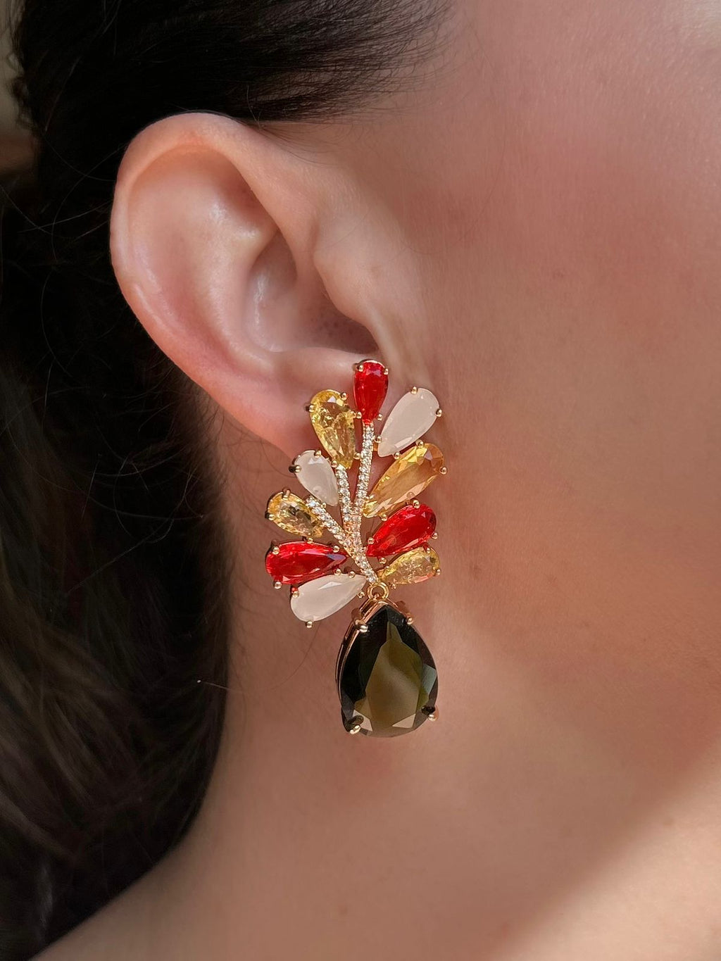 Conjunto Brinco e Anel Ajustável Folhas Tangerina, Amarelo e MochaMousse