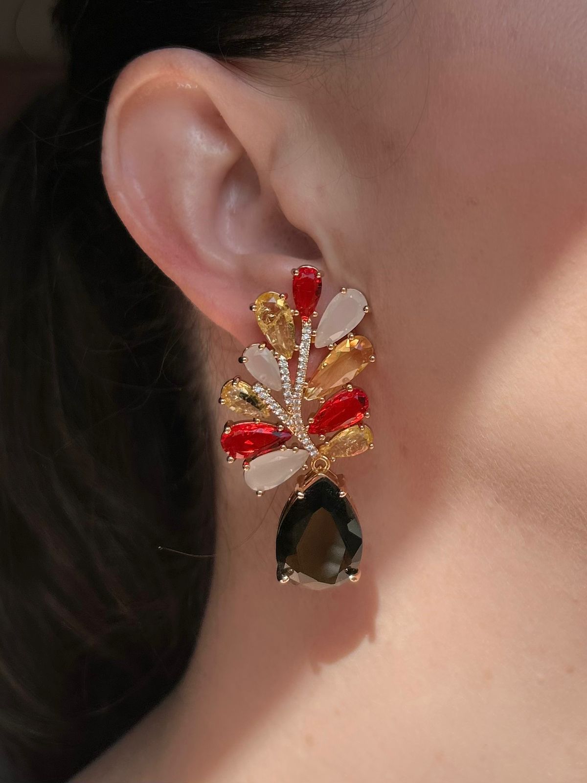 Conjunto Brinco e Anel Ajustável Folhas Tangerina, Amarelo e MochaMousse