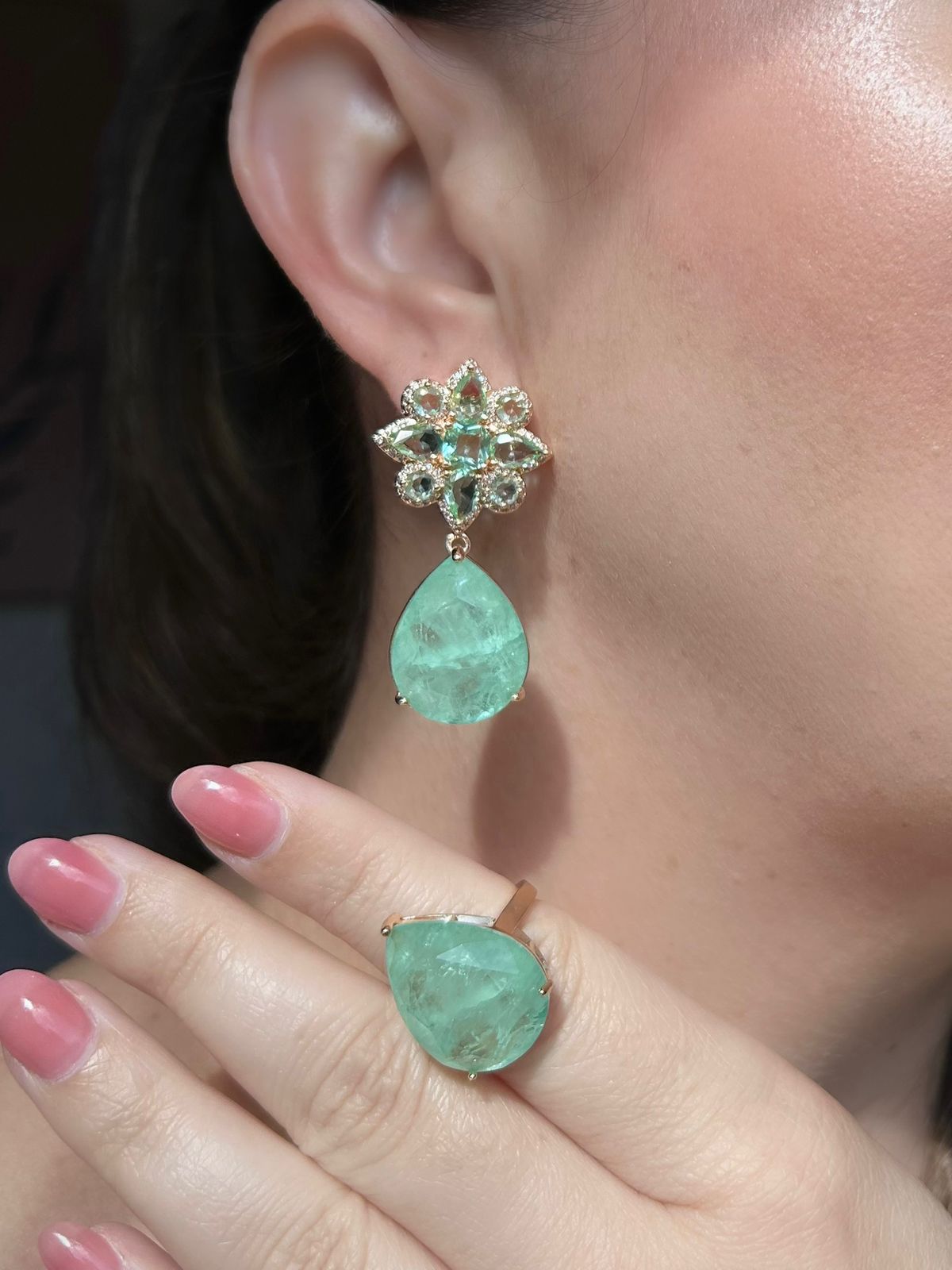 Conjunto Brinco e Anel Turmalina Verde