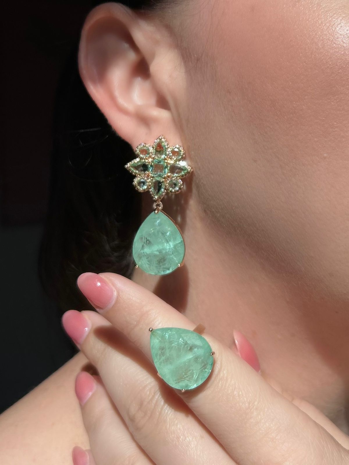 Conjunto Brinco e Anel Turmalina Verde