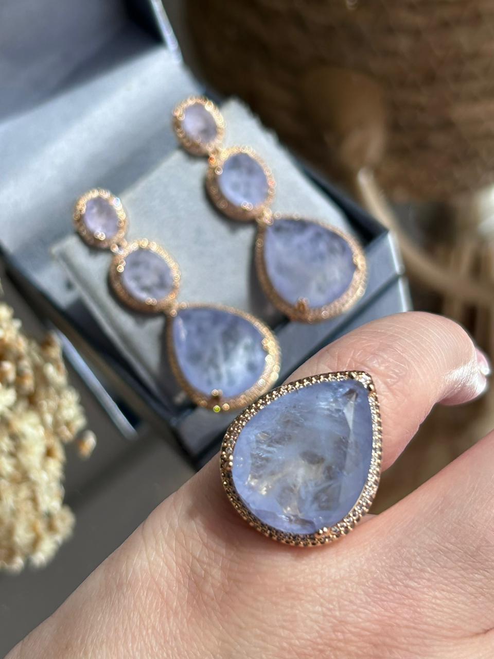 Conjunto Brinco e Anel Gotas Tanzanita