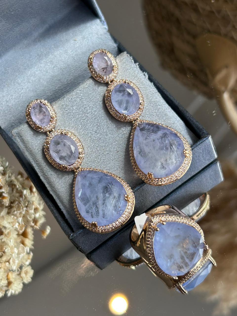 Conjunto Brinco e Anel Gotas Tanzanita