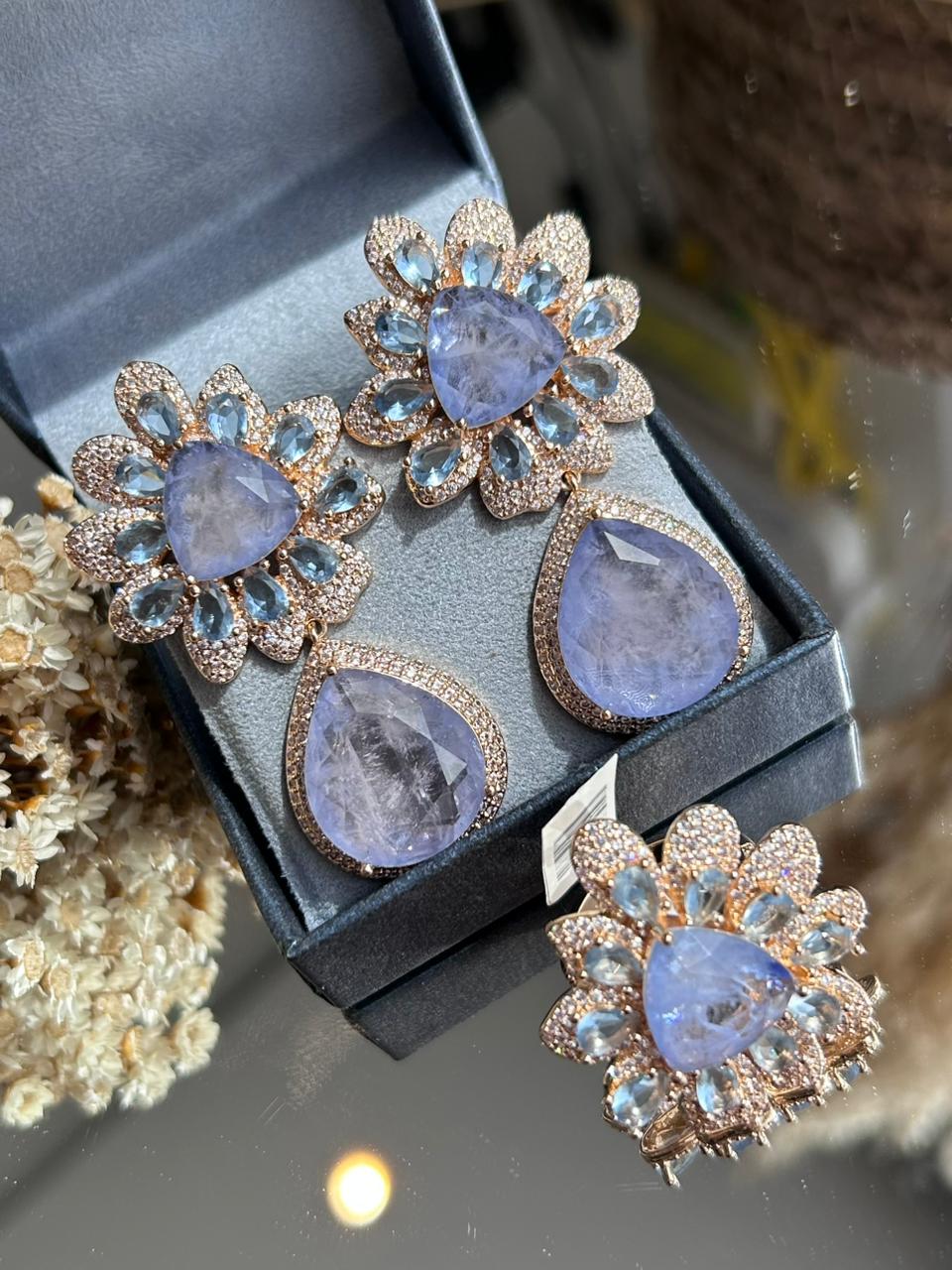 Conjunto Brinco e Anel Tanzanita Fusion